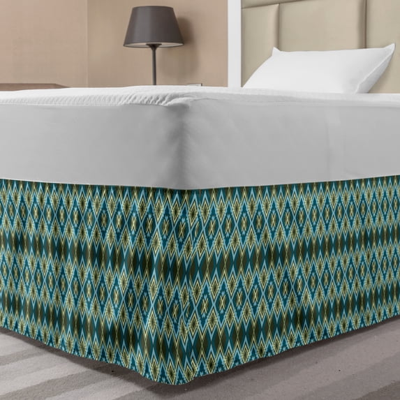 Geometric Bed Skirt, Abstract Overlapping Diamond Shapes with Symmetric Arrangement, Elastic Bedskirt Dust Ruffle Wrap Around for Bedding Decor, 4 Sizes, Petrol Blue Olive Green, by Ambesonne