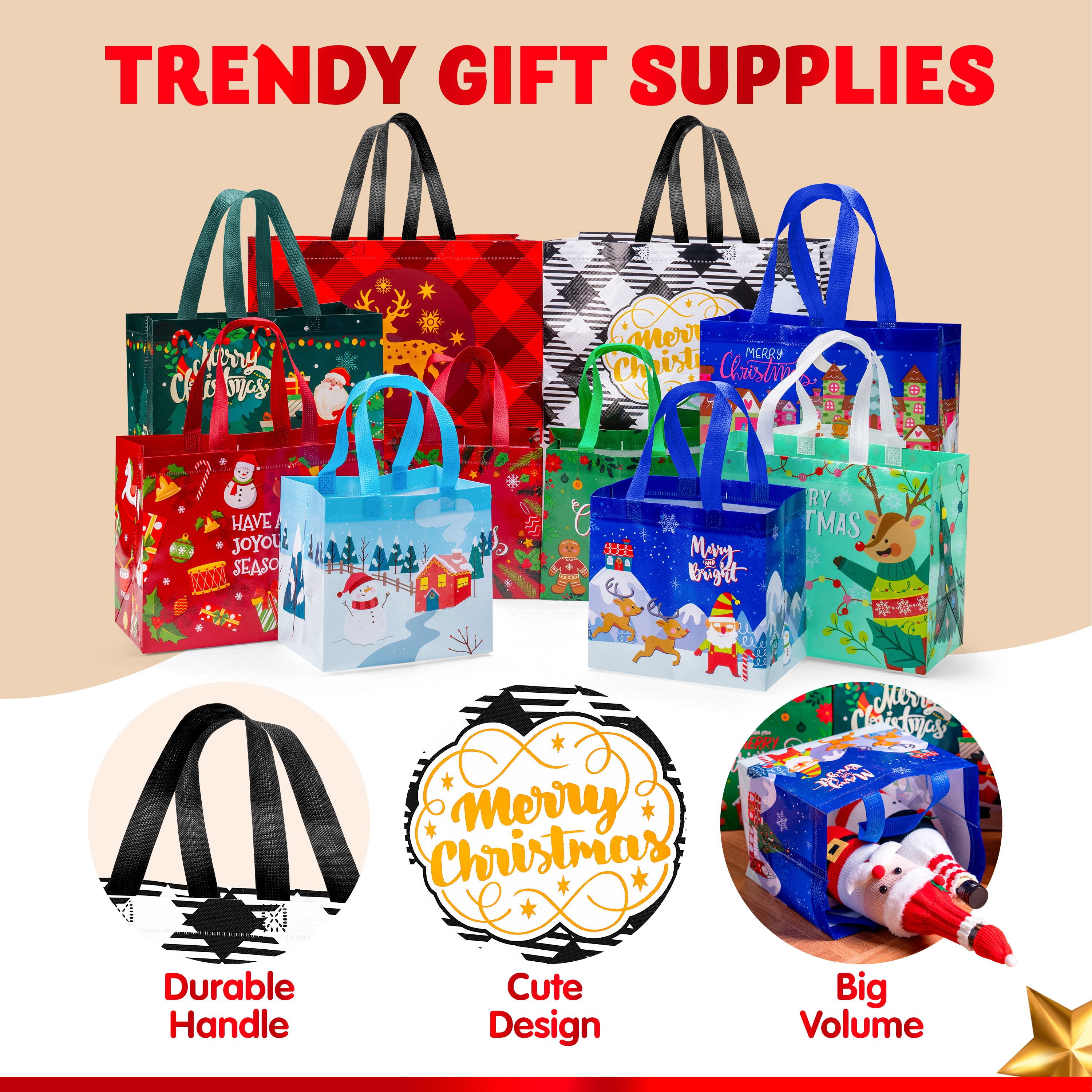 Joyfy 20-Piece Christmas Reusable Non-Woven Tote Bags, Assorted Sizes photo 4