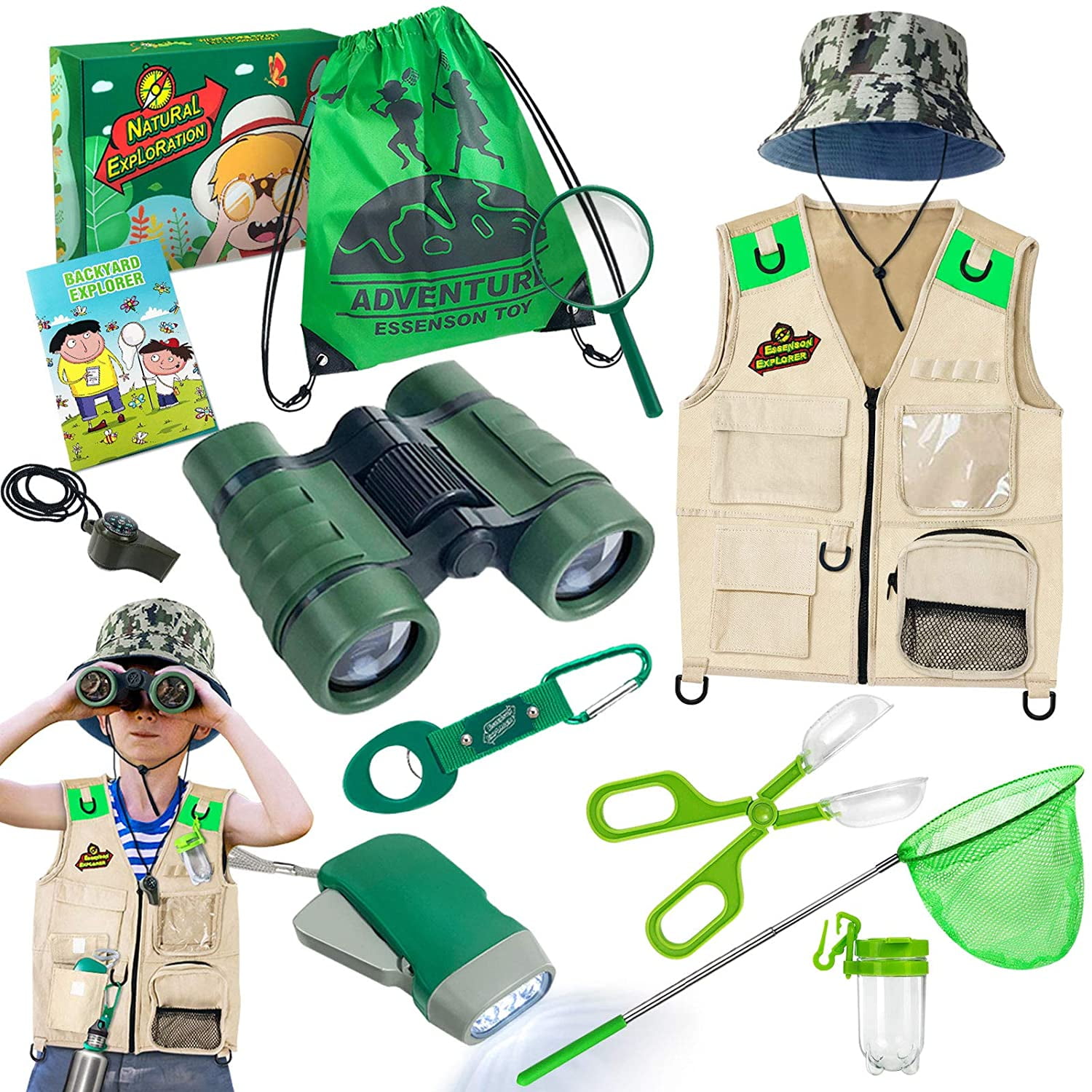 Flashlight, ESSENSON Outdoor Explorer Kit & Bug Catcher Set with Binoculars 