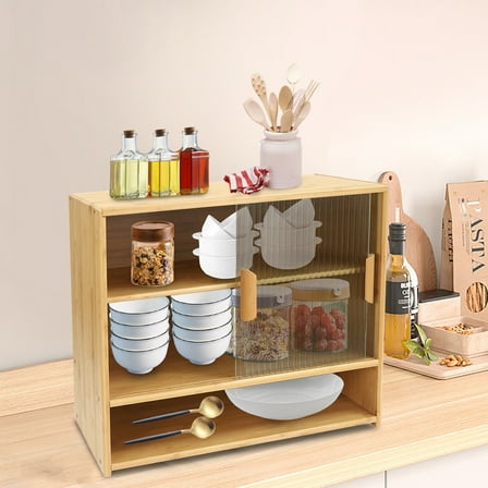 Small Countertop Kitchen Pantry Bamboo Pantry Sideboard with 2 Doors Storage Cabinet