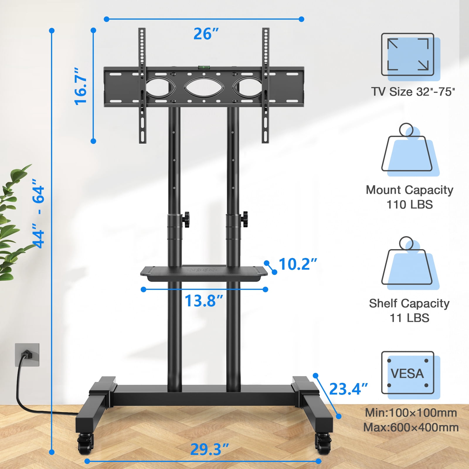 RTVR Upgraded Mobile TV Stand with Power Outlet for 32-85 inch Screens, Portable Adjustable Rolling TV Cart Stand with AV Shelf for Bedroom Home