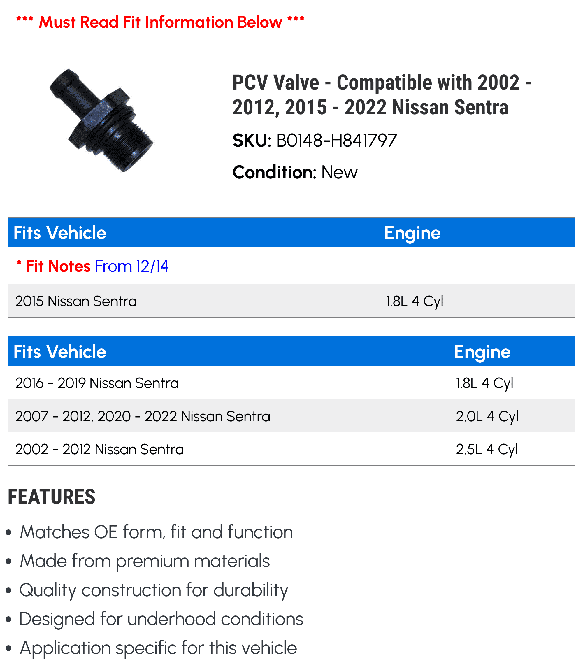 PCV Valve - Compatible with 2002 - 2012, 2015 - 2022 Nissan Sentra 2003 2004 2005 2006 2007 2008 2009 2010 2011 2016 2017 2018 2019 2020 2021