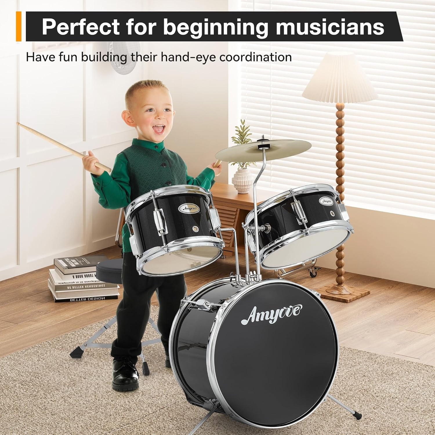 Senfot 3-Piece Drum Set with Cymbal, Tom, Bass Drum, Drumsticks, Bass Pedal & Stool, Beginner Kit, Black