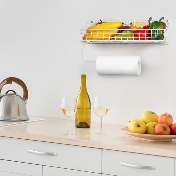 2-Pack White Stainless Steel Wall Mounted Kitchen Rack with Paper Towel Holder - Space Saving Spice and Bathroom Organizer