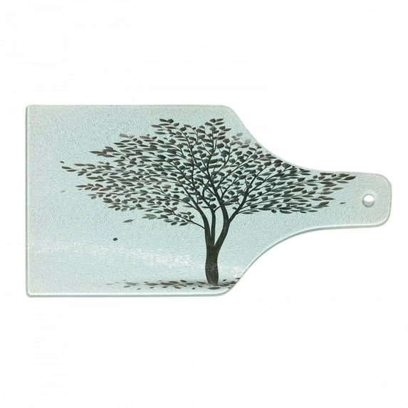 Tree of Life Cutting Board, Plant in the Fall Season Illustration with Falling Leaves Seasonal Art Print, Tempered Glass Cutting and Serving Board, Wine Bottle Shape, Brown White, by Ambesonne