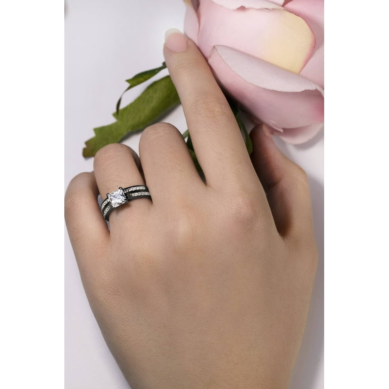 2 Carat Princess Cut Moissanite Wedding Set - Bridal Set - Channel Set Ring  - Unique Ring - 18k Black Gold Over Silver 