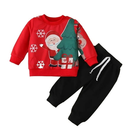 

AIMAOMI Kids Toddler Baby Girls Boys Autumn Winter Christmas Print Santa Long Sleeve Pullover Sweatshirt Pants Tracksuit Set Clothes H