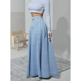 thumbnail image 6 of Women'S Retro High Waisted Button Fly Flared Long Pleated Flowy Swing A-Line Denim Maxi Skirts Light Blue L, 6 of 10