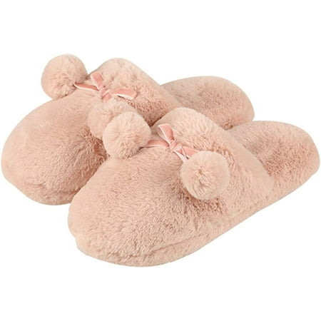 

CoCopeaunt Fuzzy Soft Women Slippers Winter Warm Floor Slippers with Dangle Balls