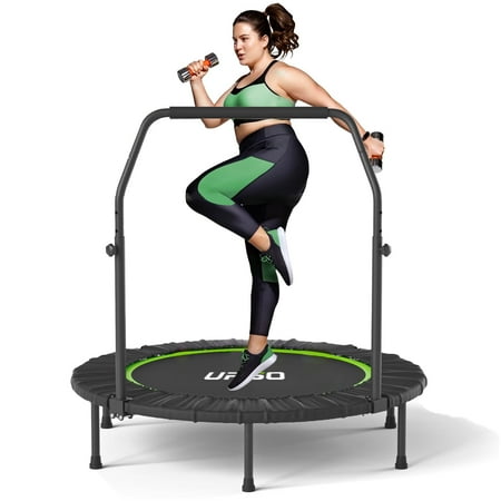 UPGO 550 LBS Foldable Mini Trampoline  48  Fitness Trampoline with Bungees  U Shape Adjustable Foam Handle  Stable & Quiet Exercise Rebounder for Kids Adults Indoor/Garden Workout