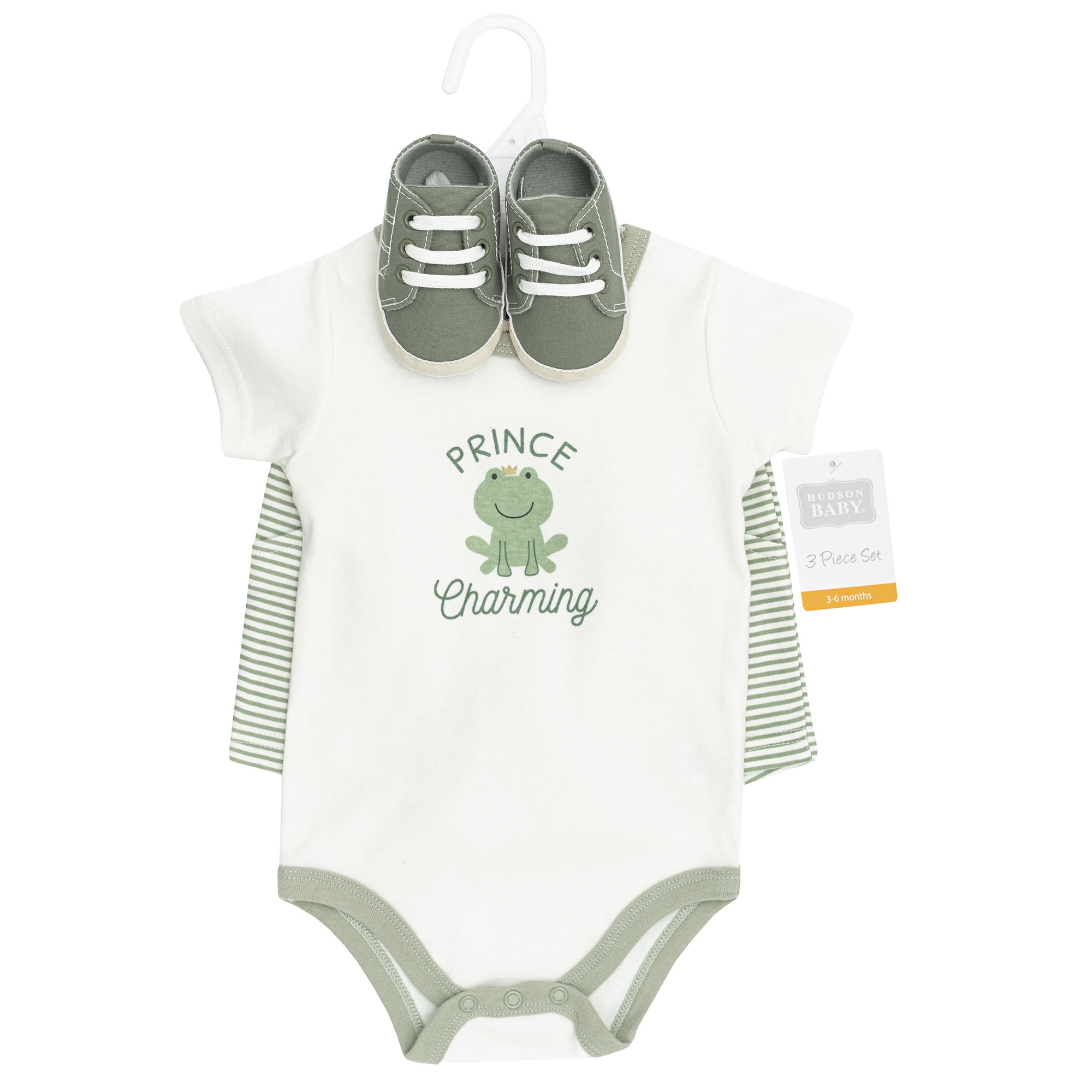 Hudson Baby Boy Cotton Bodysuit, Shorts and Shoe Set, Prince Frog, 0-3 Months
