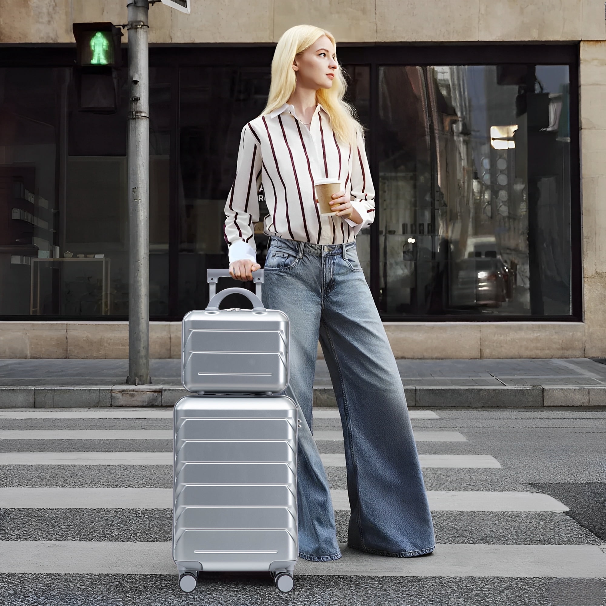 14"/20" 2 pcs/set in ABS Spinner Wheel Luggage, with Combination Lock, 14" Cosmetic Case (Silver)