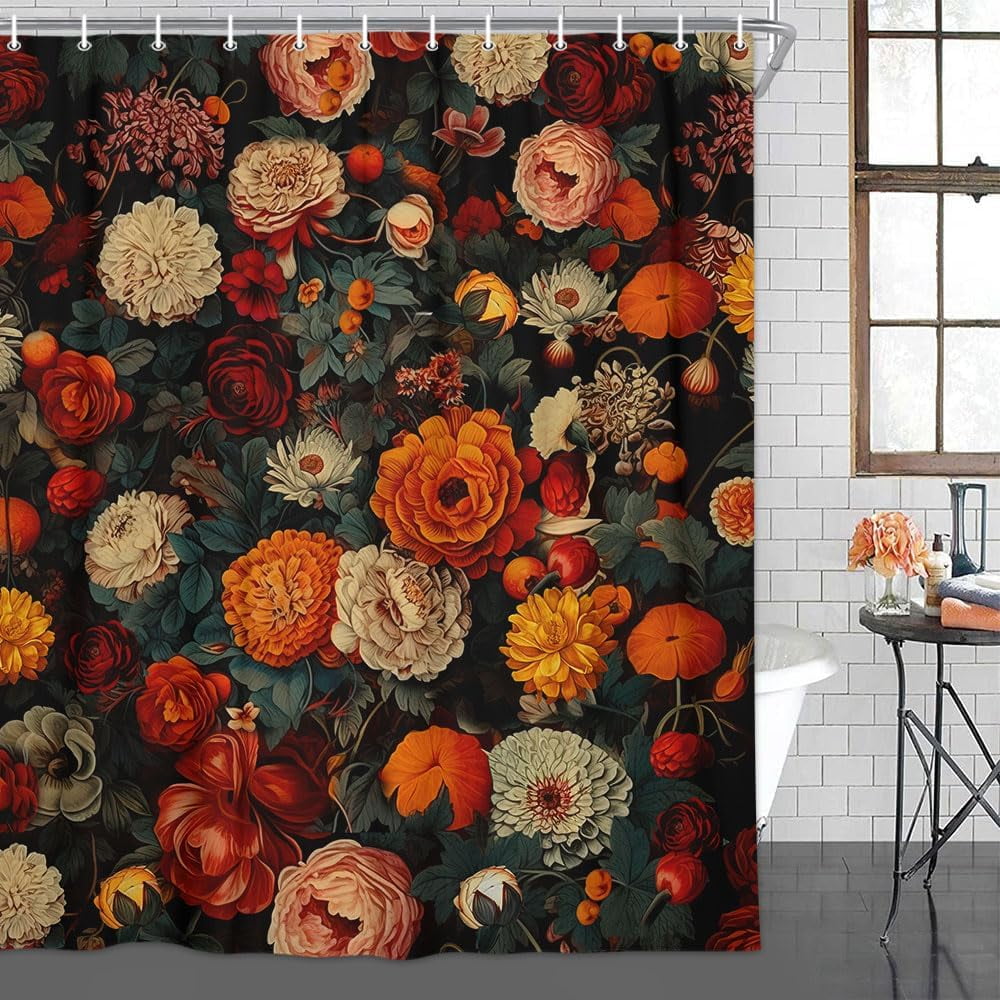 Floral Shower Curtain, Vintage Floral Shower Curtain Set Red Flower Plants Bathroom Curtain, Boho Floral Shower Curtain Set with Hooks for Bathroom Decor 72X78 Inch