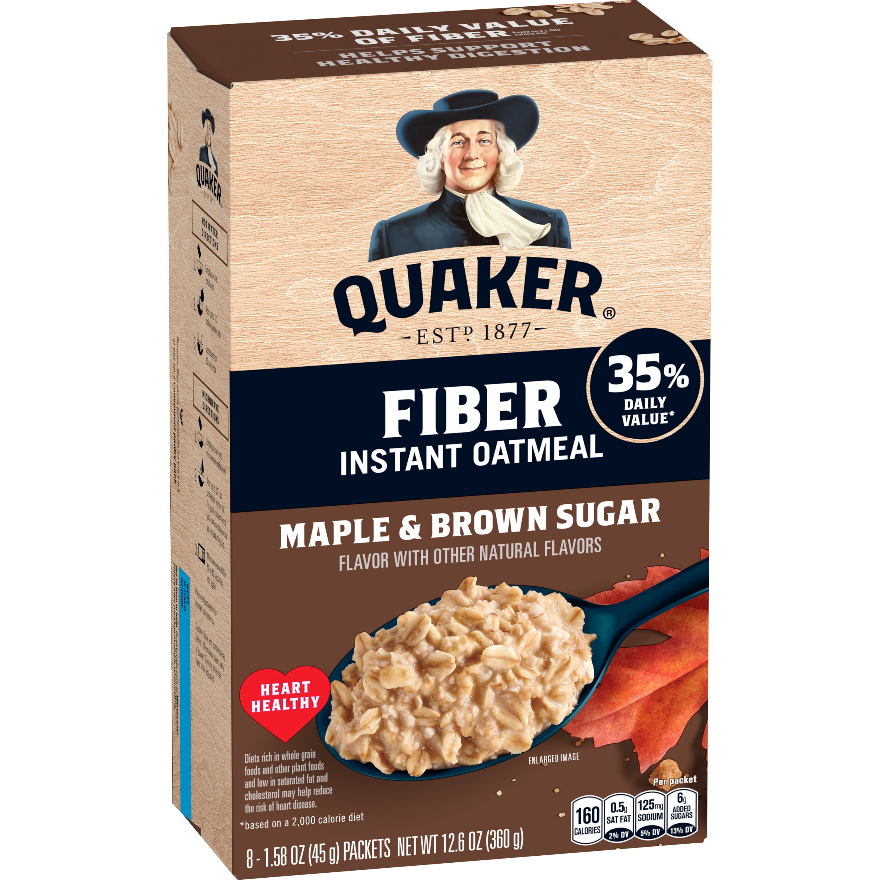 (6 pack) Quaker Fiber Instant Oatmeal, Maple Brown Sugar, 35% Daily Value of Fiber, Whole Grains, No Artificial Flavors, 1.58 oz packets, (8 Pack)