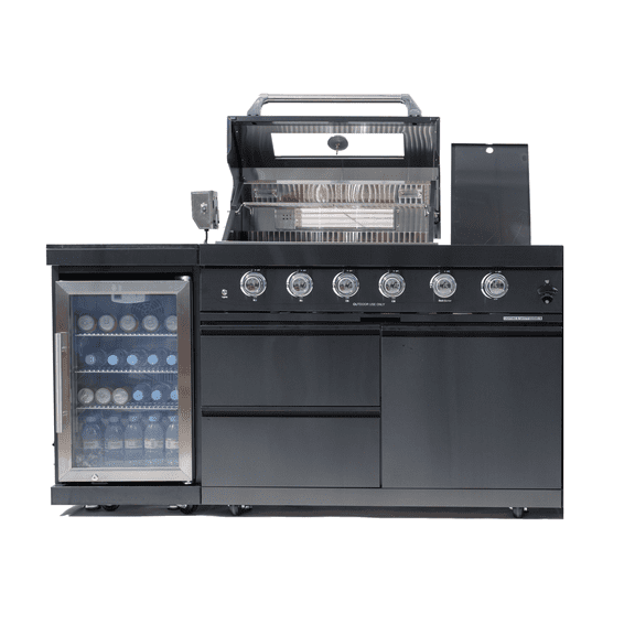 AirWire 104" Modular Outdoor Kitchen Island: 4-Burner 85000 BTU Gas Grill with Stainless Steel Sink & Wine Cooler Refrigerator, Built-in BBQ Bar Station with Black Granite Countertop, Rotisserie Kit