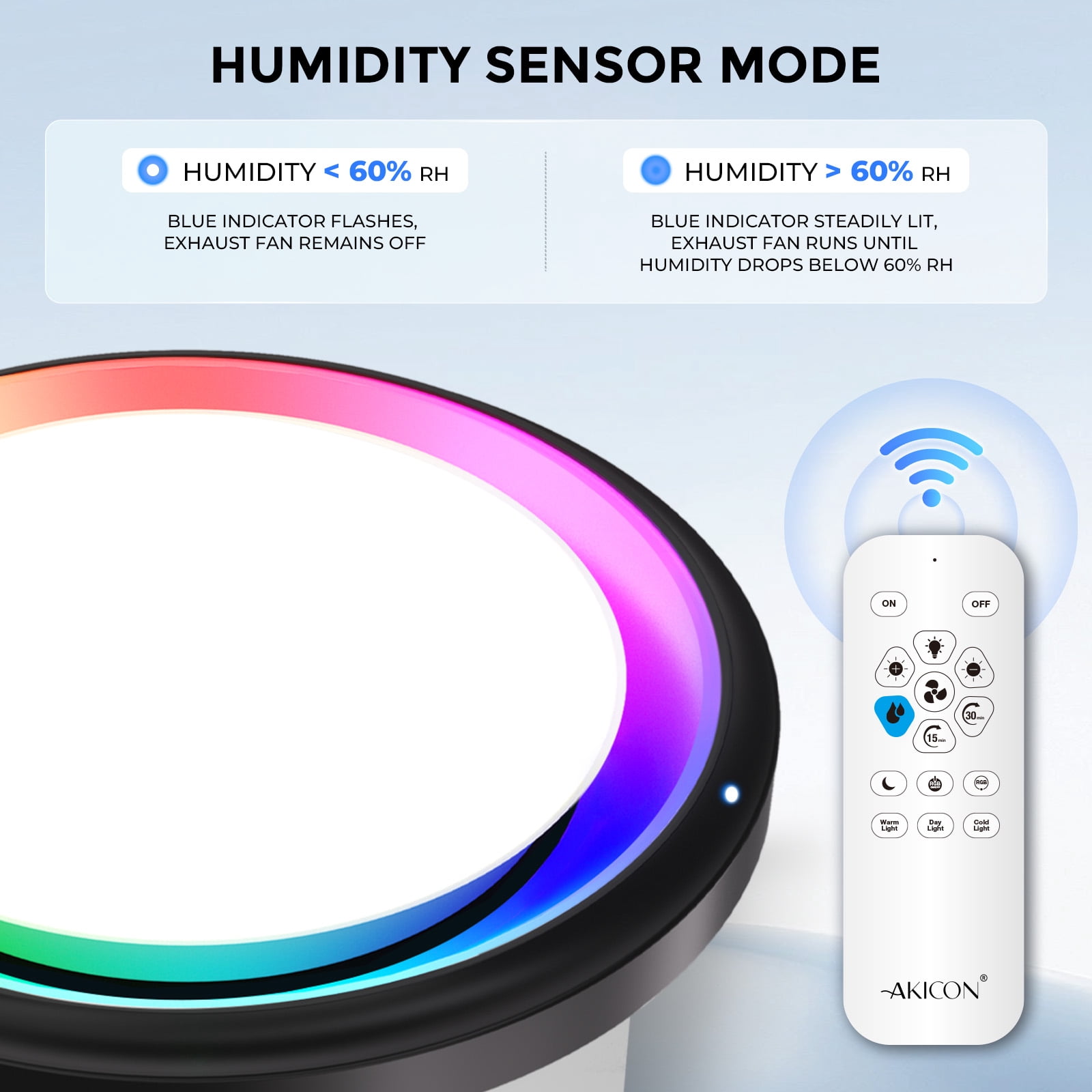 Akicon Bathroom Exhaust Fan with Humidity Sensor, 110 CFM 1.5 Sones Vent Fan with RGB Light, 3CCT Dimmable LED Light & Nightlight for Shower Room, Round, Black