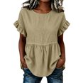 thumbnail image 6 of ClodeEU Women's Round Neck Ruffle Short Sleeve Babydoll Blouse,Casual Loose Peplum Summer Tunic Top Khaki,Women's Plus L, 6 of 7