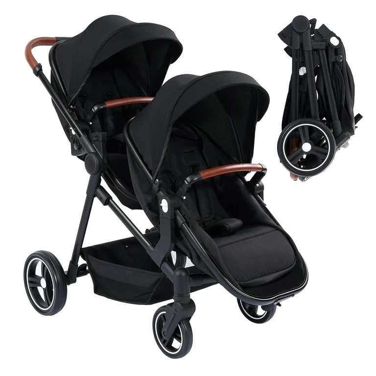 Double Stroller Track Tandem Stroller for Infant and Toddler Foldable Pushchair Bassinet Pram Multi Position Reversible Adjustable Backrest Large Storage Basket and Canopy Walmart