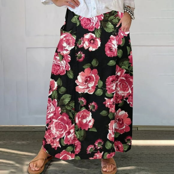 Clearance Sales Today Deals Iumwxz Pleated A-Line Beach Skirts with Pockets Concert Outfits for Women Floral Graphic Skirt Elastic Mid Waist Maxi Skirt for Ladies Delightful Party