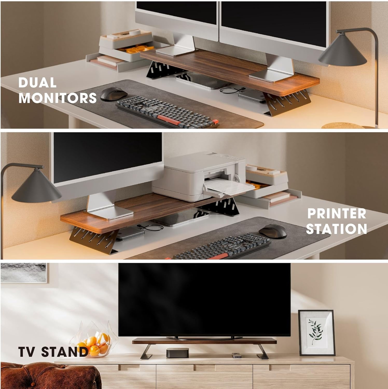 Wood and Steel Dual Monitor Stand Riser for Desktop, Laptop, PC, and Printer