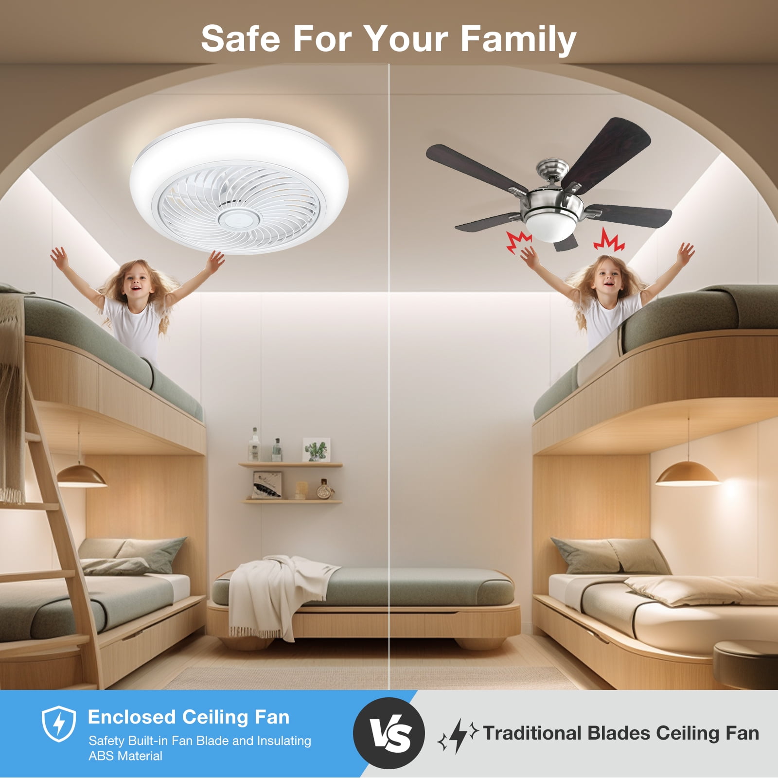 18in Indoor Ceiling Fan with Light, Remote & APP Control, 3 Colors Lighting and 6 Wind Speeds, Invisible Bladeless Ceiling Fan, Timing Setting
