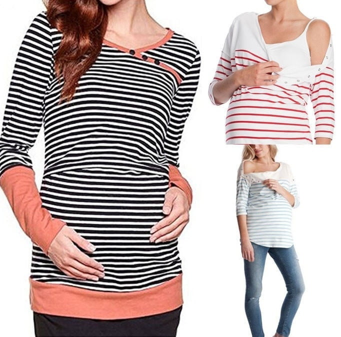 Nursing Breastfeeding Dress Maternity Pregnancy Tunic Striped Cute M/L/XL/2XL 
