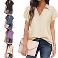 thumbnail image 3 of Sarapandan Women Shirt V Neck Lapel Short Sleeve Pure Colour Casual Summer Blouse for Home Office Khaki M, 3 of 6