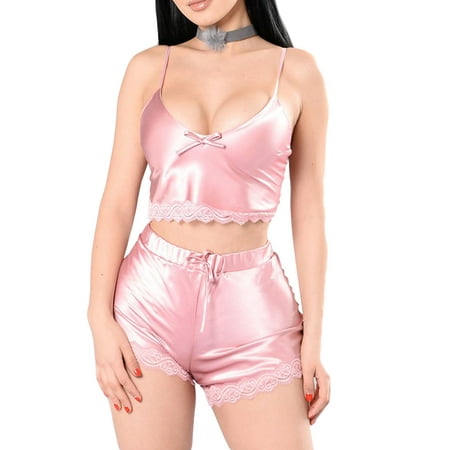 

luethbiezx SDD Women Lace Satin Silk Bowknot V-Neck Slim Sling Top High Waist Shorts Pajamas