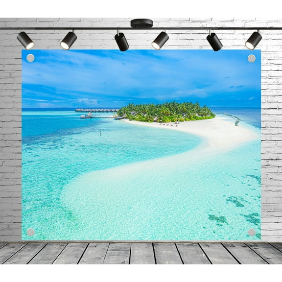Diha 5x4ft Tropical Island Beach Backdrop – Curved White Sand, Turquoise Sea and Overwater Bungalows Fabric Banner for Wedding, Party, Photo Booth