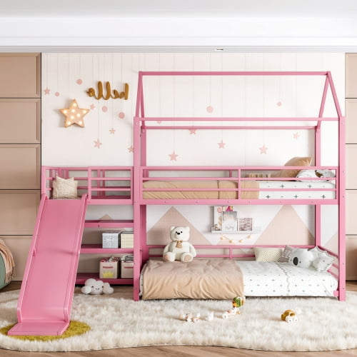 DRNANLIT Twin over Twin Metal House Bunk Bed with Storage Stairs, Slide, Safety Rails, Pink - Noise-Free Frame