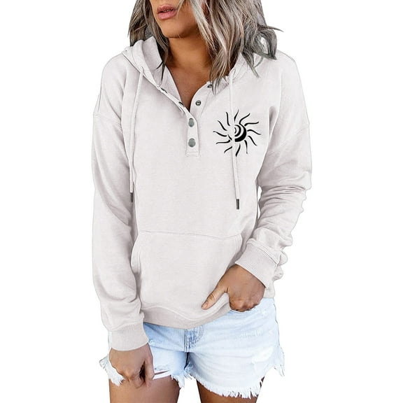 Fiaer,Button up Long Sleeve Hoodies for Women,Womens Casual Trendy Drawstring Hooded Sweatshirts,Ladies V Neck Trendy Lightweight Printed Tops with Pockets White XXL