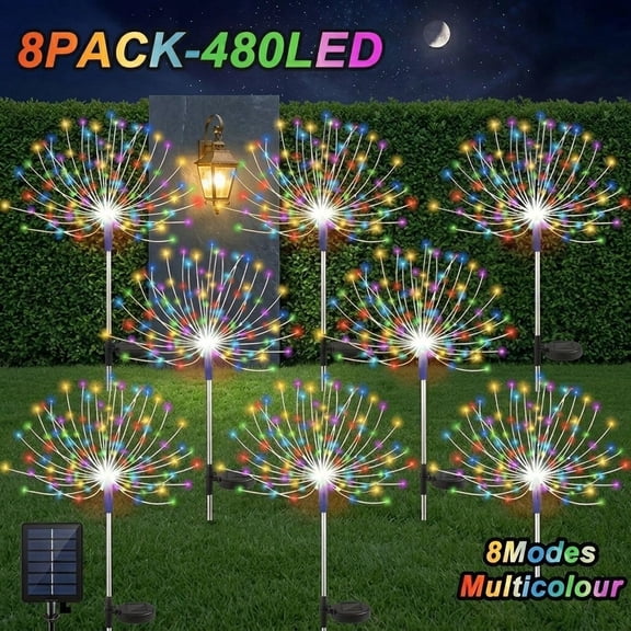 8pcs 60 LED 8IN1 Solar Firework Lights Outdoor Total 480 LED Landscape Lights for Garden Party Decor