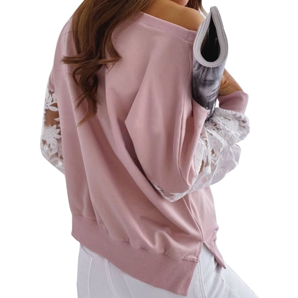 Jumpingount Sudadera con capucha para mujer Perspectiva de encaje Top de manga larga Casual Cuello Sudadera suelta para niña, Negro, XL Prendas para la parte del cuerpo Rosado METRO Jumpingount AP003864-06