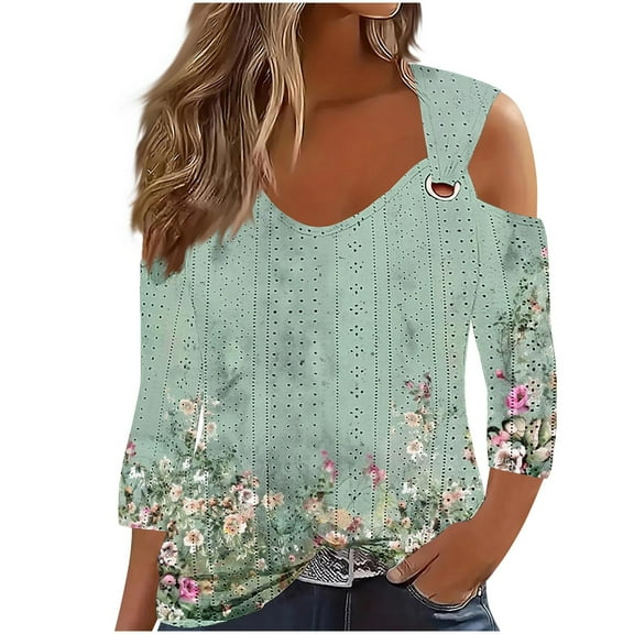 Women Cold Shoulder Tops Sexy V Neck Summer Fall Casual Loose Fit Hollow Out Floral Print Short Sleeve T Shirt Blouse Tops,Green,L