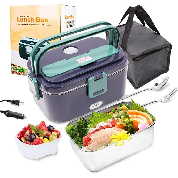 Electric Lunch Box- 110V/12V/24V Portable Food Heater for Car/Office/School, 1.8L Stainless Steel Removable Container, Spoon and Carry Bag,60W Lunch Box