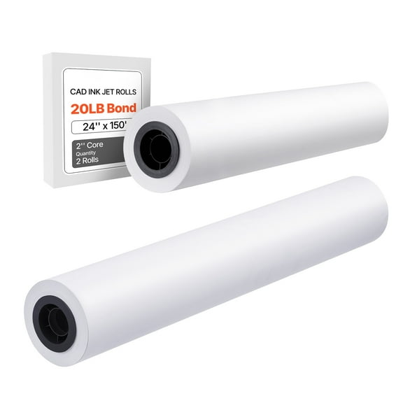 KFFKFF Wide Format Paper, 24 in x 150 ft Plotter Roll, 2 Rolls CAD Bond Rolls with 2 in Core, 20 LB Bond Paper Rolls, Suitable for CAD Drawings, Engineering Plans, GIS Maps, and Architectural Designs