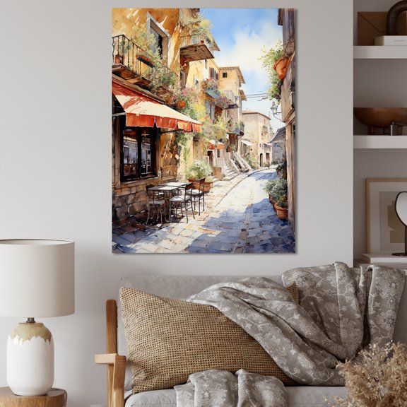 Designart "Charming Italian Village Essence II" Landscapes Canvas Wall Art - Traditional Brown Italy Living Room Canvas Art