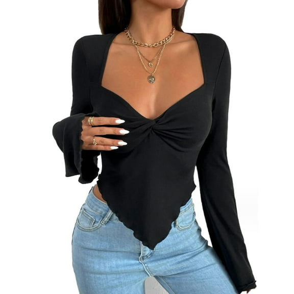 Women's Casual Long Sleeve Sweetheart Neck Ribbed Knit Top Slim Fit Pullover Sweater Asymmetrical Hem Tees Shirt-Medium