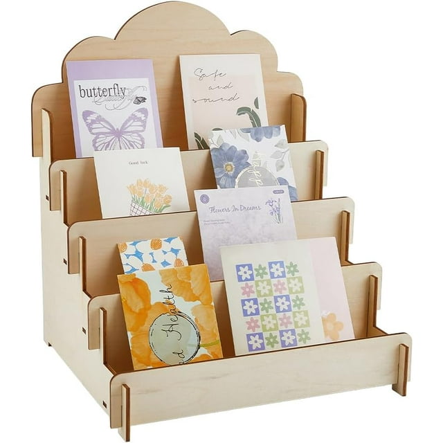 Exhibidor de tarjetas de felicitación de 4 niveles PapayaWhip, soporte de madera para pegatinas, organizador de tarjetas, estante para postales, organizador de joyas