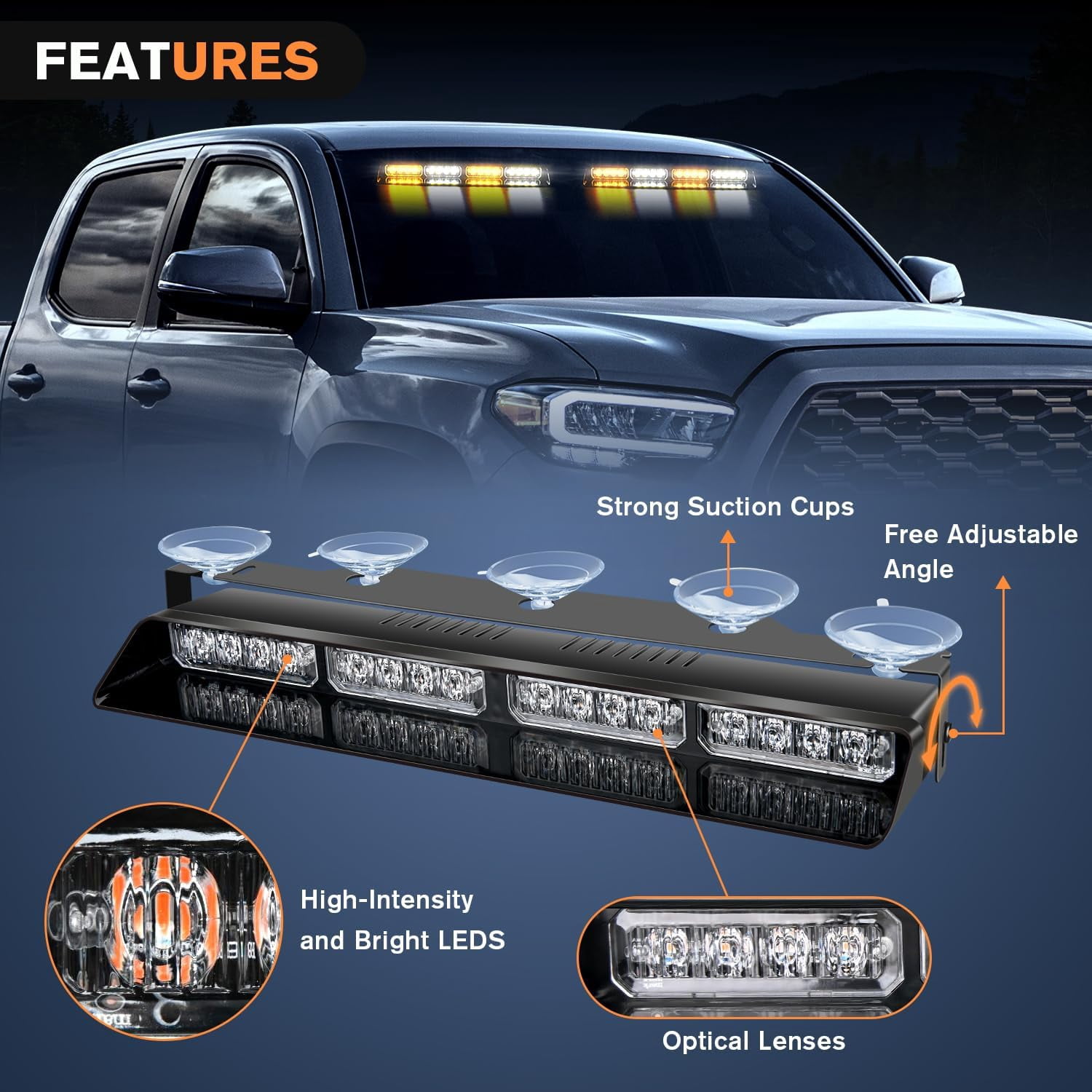 Nilight 32Led Amber White Emergency Dash Strobe Lights with Controller Suction Cups Warning Hazard Interior Front/Rear Windshield Deck Split Light Bar for Truck