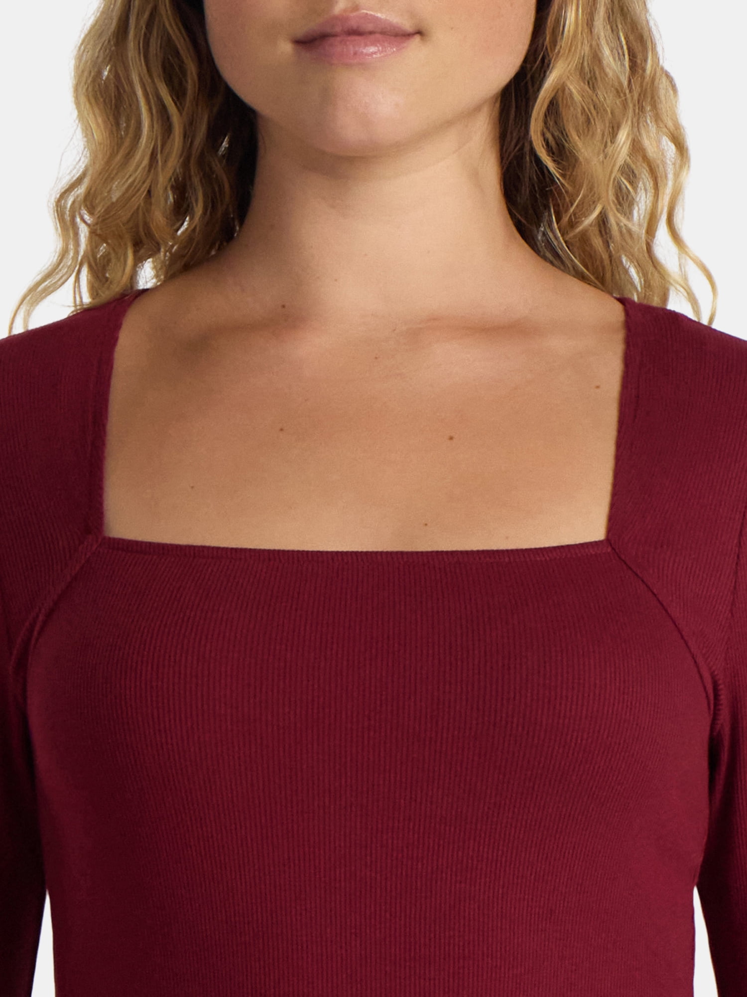 Time and Tru Women's Ribbed Square Neck Top with Long Sleeves, Size XS-XXXL