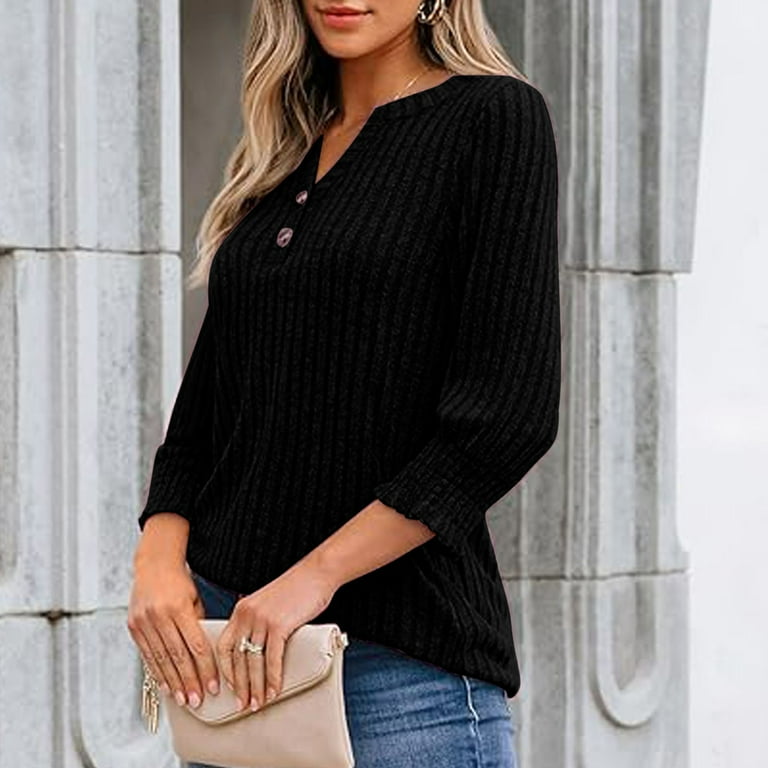 Arnsht Womens 3/4 Length Puff Sleeve Henley V Neck Tops Fall