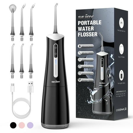 Sejoy Cordless Water Flosser, Professional Dental Teeth Cleaner, 300mL Tank USB Rechargeable Dental Oral Irrigator for Home and Travel, Black