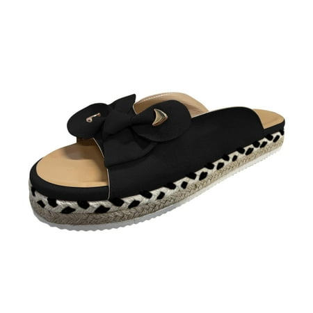 asdoklhq Womens Slippers Clearance Sandals Women Peep Toe Bow Vintage Straw Platform Heel Summer Slippers Casual Shoes Black 36