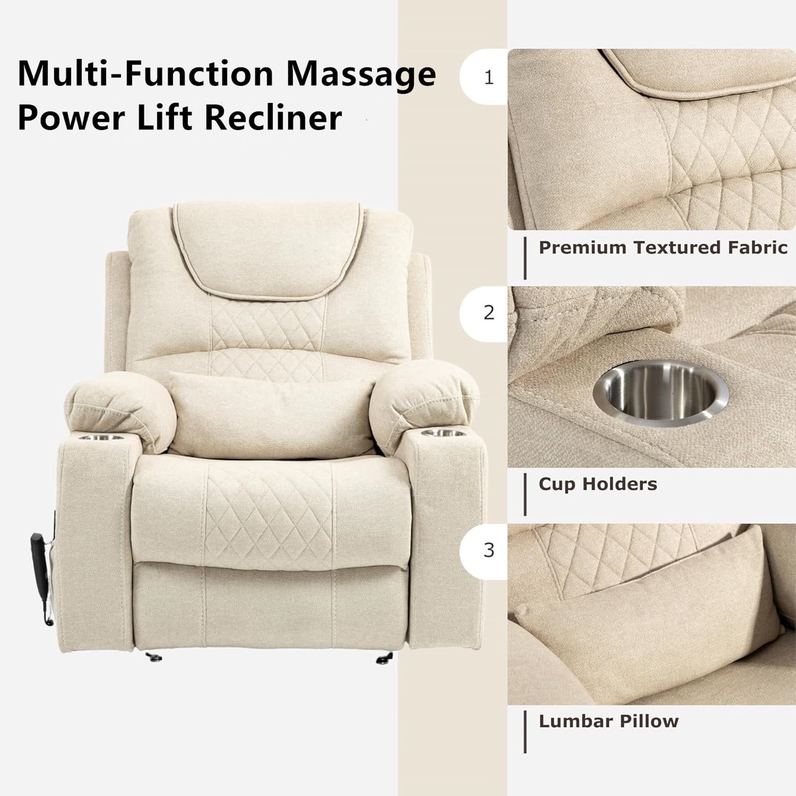LITVZ 180 Degrees Lay Flat Lift Recliner Chair with Heat and Massage, Dual Motor Infinite Position Electric Power Lift Recliners for Elderly, Big Man Up to 400 LBS, Seniors