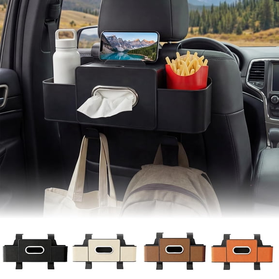 Backseat Car Organizer, 4 in 1 Multifunctional Car Back Seat Storage Organizer with Tissue Box, 2 Cup Holders, Phone Stand and Hooks, Automotive Seat Back Organizers