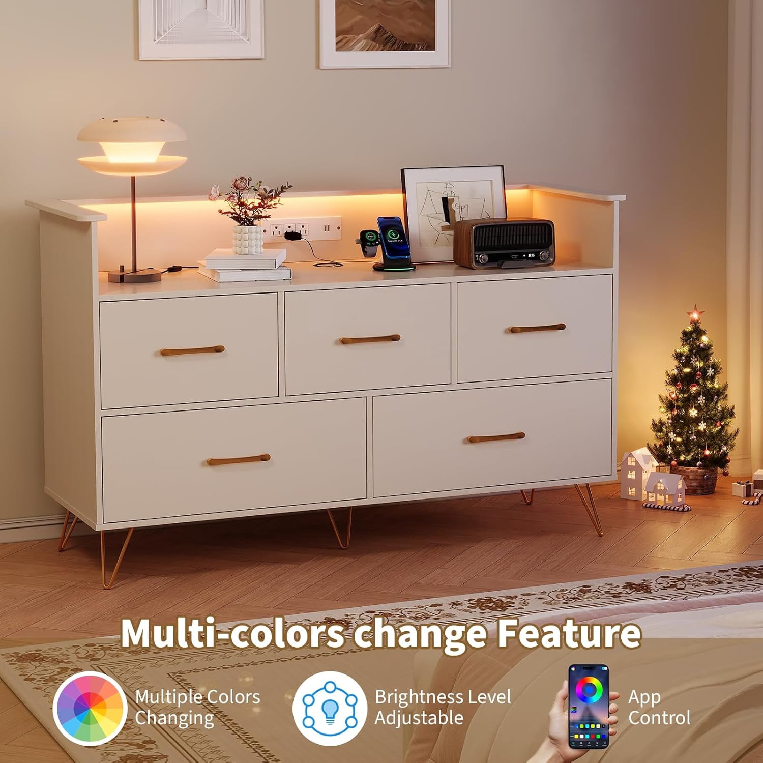 White Dresser for Bedroom, 47" Wide Chest of Drawers with LED Lights, Charging Station & 5 Smooth-Sliding Drawers, Modern Wood Storage Cabinet for Entryway, Hallway, Living Room