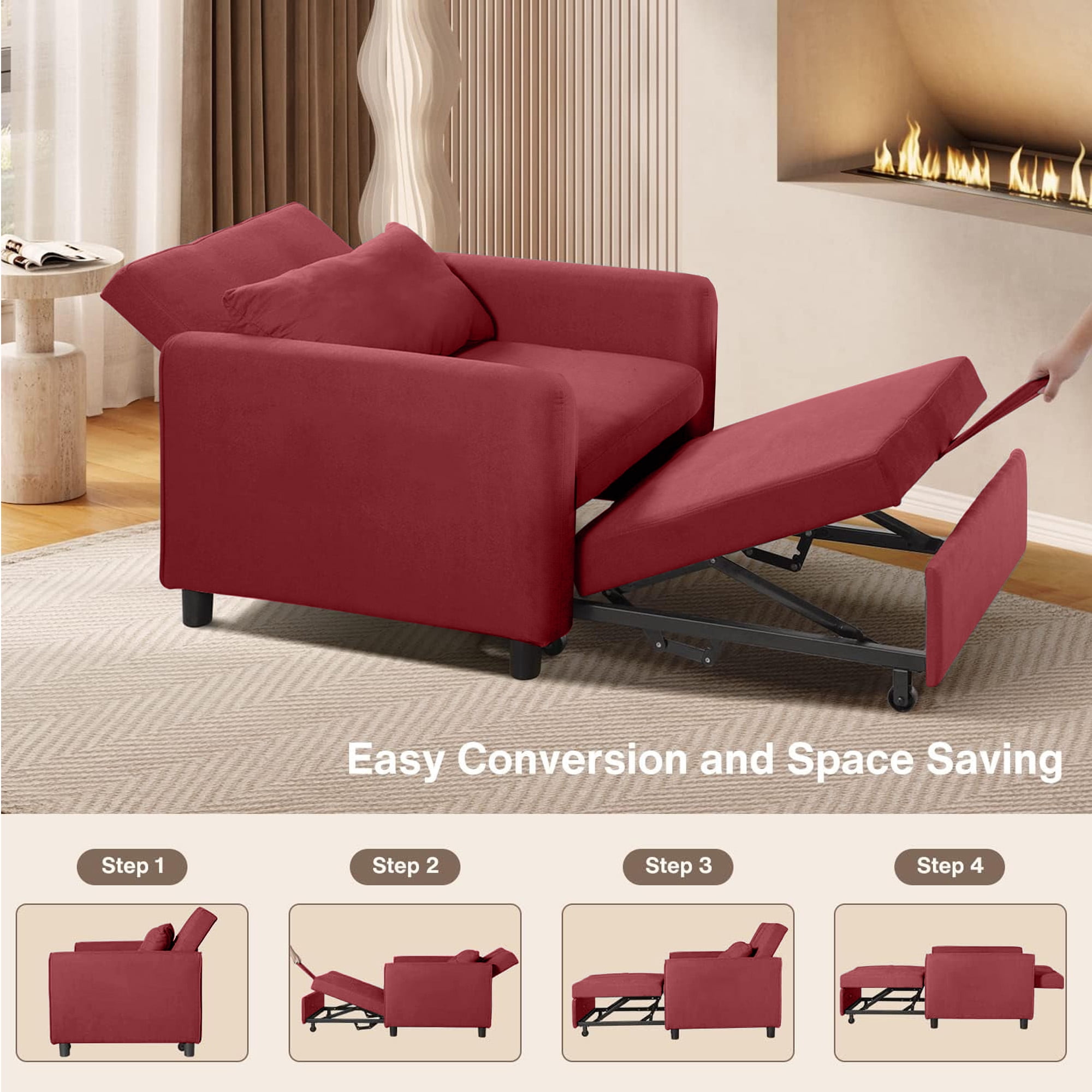 Aukfa 36" Chaise Futon Convertible Sofa Bed, Pull Out Sleeper Chair Bed for Home Office, Lint, Red