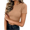 thumbnail image 3 of Women's Regular Fit Round Neck Short Sleeve Solid Color Comfy Pullover Top Blouse Casual Daily Wear Summer Vacation Outfits | CSEONE,Khaki S, 3 of 9