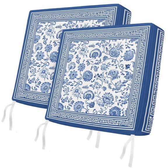 Outdoor Patio Cushion Covers 2 Pack Blue Flowers Vines Chair Pads Slipcovers with Ties & Zipper Waterproof Elegant Floral Geometric Frame Seat Cushion Covers for Couch Sofa 20x18 Inch